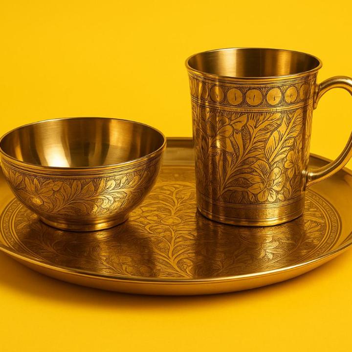 Pure Brass Mug-Bati-Plate Set