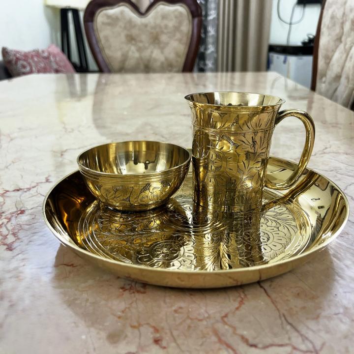 Pure Brass Mug-Bati-Plate Set