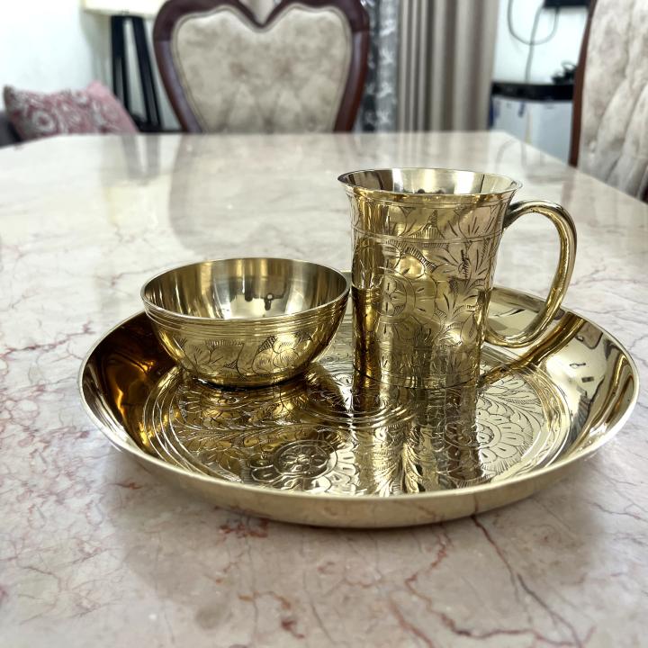 Pure Brass Mug-Bati-Plate Set